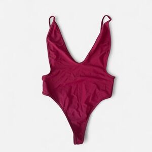 Shekini red burgundy cheeky thong deep v plunge  one piece swimsuit